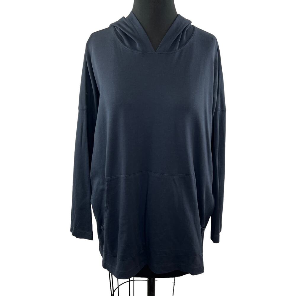 Eskandar Blue Hoodie Pima Cotton Pockets Draped Sleeve Hooded Top Classic Size 0